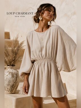 Loup Charmant Kitta Batwing Sleeve Organic Cotton Mini Dress M Beige Boho A6